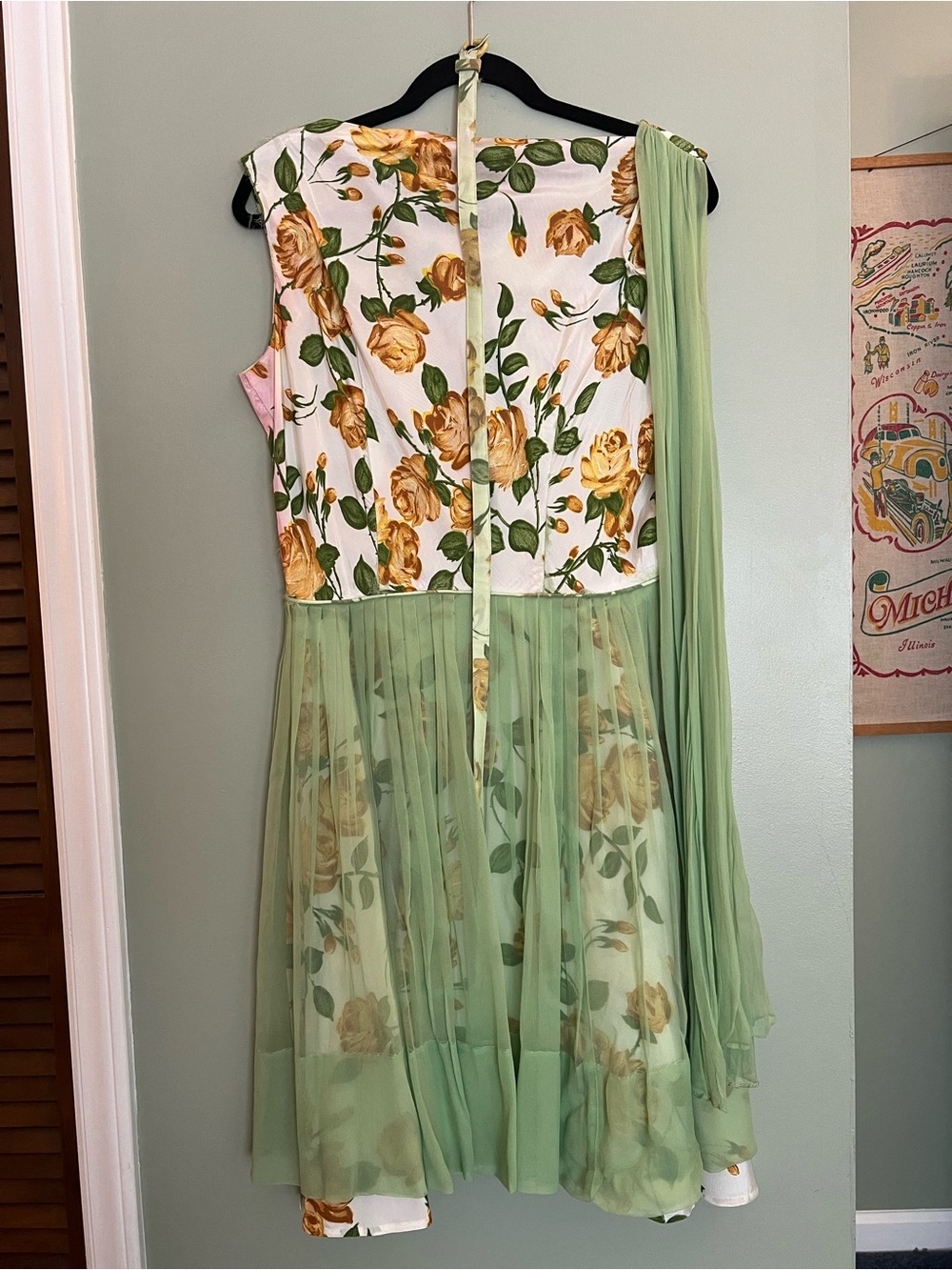 Vintage 1950s Yellow Rose Floral Cocktail Fit and Flare Dress with Green Chiffon
